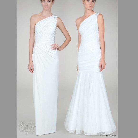 Tadashi Shoji NWT Sz 12 Ivory One Shoulder Ruched Mermaid Gown Lace Formal Bride - Picture 3 of 15